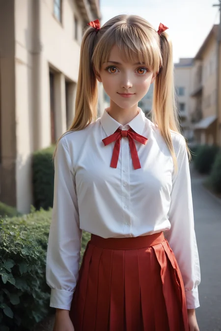 <lora:sawachika_eri_ponyxl_v8:0.55>, sawachika eri, blonde hair, orange eyes, twintails, solo, standing, looking at viewer, front view, cowboy shot, light smile,
school uniform, red ribbon, neck ribbon, white shirt, collared shirt, red skirt, pleated skirt,
outdoors, blue sky, bush, town,
score_9, score_8_up, score_7_up, masterpiece, best quality, highly detailed, detailed skin, film grain, photo \(medium\), depth of field, (realistic:1.2), (high quality, detailed, beautiful), shiny, outstanding, countershading, detailed soft lighting, detailed beautiful eyes