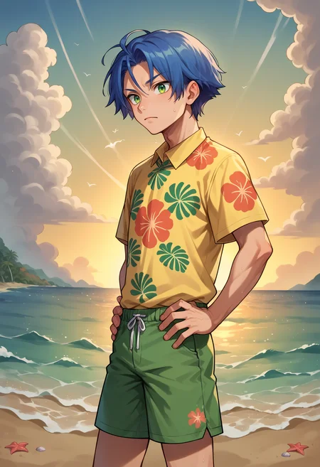 score_9, score_8_up,score_7_up, score_9, score_8_up,score_7_up, source_anime, 1boy, solo, <lora:EPpkJamesPony-07:0.8> EPpkJames, short hair, blue hair, green eyes, :d, hands on own hips, hawaiian shirt, shorts, green shorts, ocean, beach, sunset, reflective water,