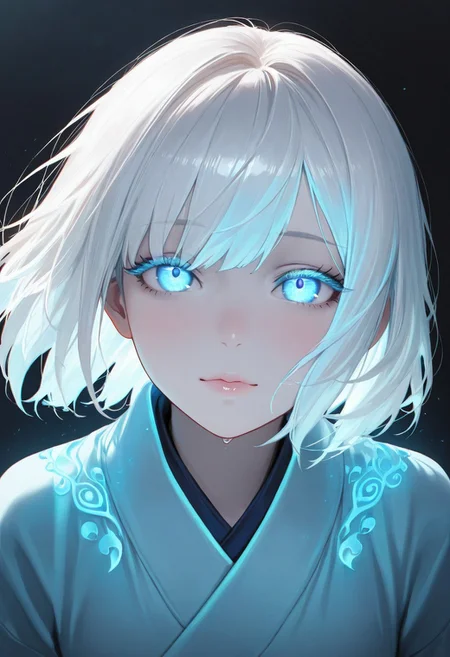 masterpiece,best quality,amazing quality, anime,
1girl, solo, A close-up of a serene anime girl with pale skin, colored skin, (white skin:1.3, long glossy white hair with bangs, long white hair, glowing blue eyes with a hypnotic effect, soft warm lighting, wearing a light blue kimono, mysterious and cozy atmosphere, detailed hair texture, cinematic lighting, dark background, ultra-detailed, 8k resolution