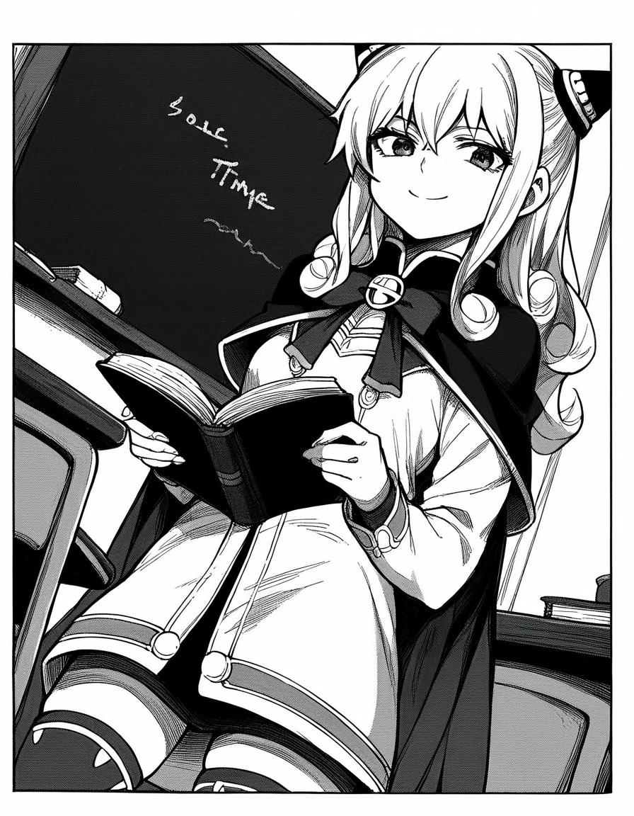 score_9, score_8_up, score_7_up, source_anime, <lora:ashe-talton-manga-ponyxl-lora-nochekaiser:1>, rengoku ashe, long hair, greyscale, monochrome,, thighhighs, long sleeves, capelet, cape, dress, white dress,, school uniform, classroom, chalkboard, day time, studying, smile, looking at viewer, solo,, cowboy shot, dutch angle