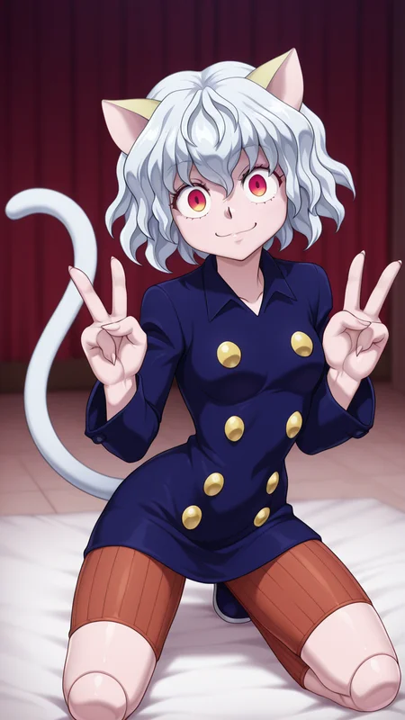 masterpiece,best quality,amazing quality, 1girl, solo, <lora:IlluPitou:1> illupitou, cat ears, cat tail, white hair, red eyes, joints, smile, double v, looking at viewer, kneeling, 4 fingers