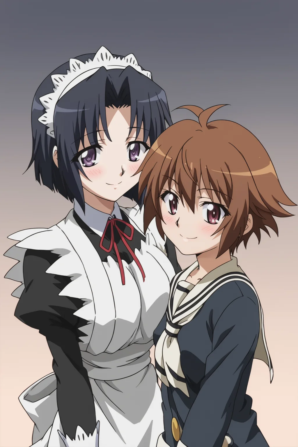 score_9, score_8_up, score_7_up, source anime, prefect lighting, very aesthetic, anime coloring, anime screencap, <lora:swing_out_sisters_v1-pony6:1>, 2girls, side-by-side, upper body, looking at viewer, blush, smile, BREAK,
chiyo \(swing out sisters\), purple eyes, black hair, sweater, large breasts, maid, maid headdress, apron, BREAK,
chinatsu \(swing out sisters\), brown eyes, brown hair, ahoge, medium breasts, school uniform,