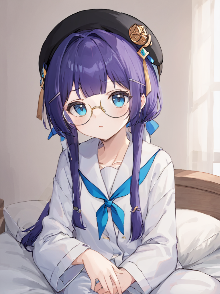 <lora:xl_peila girl2-000011:1>,peila girl,purple hair,blue eyes,glasses,beret,celestique\(hairdo)\,solo,pajamas,