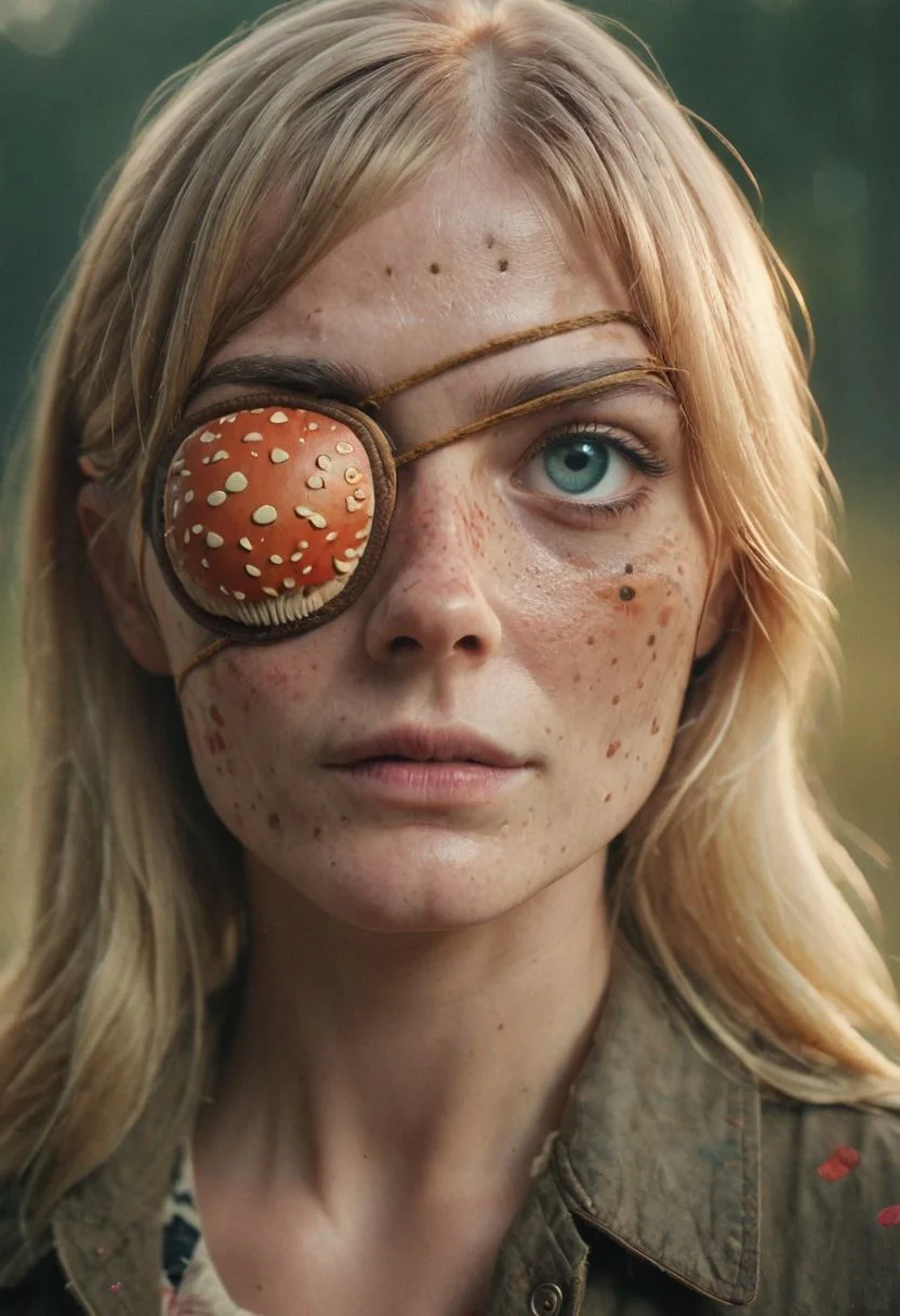 freckled blonde woman with leather eye-patch with colorful mushroom print on it,
,very detailed, raw photo, photorealistic, high detailed texture, 8k uhd, dslr, soft lighting, high quality, film grain, Fujifilm XT3, highly detailed photography, atmospheric haze, Film grain, cinematic film still, shallow depth of field, highly detailed, high budget, cinemascope, moody, epic, OverallDetail, gorgeous, 2000s vintage RAW photo, photorealistic, candid camera, color graded cinematic, eye catchlights, atmospheric lighting, skin pores, imperfections, natural, shallow dof