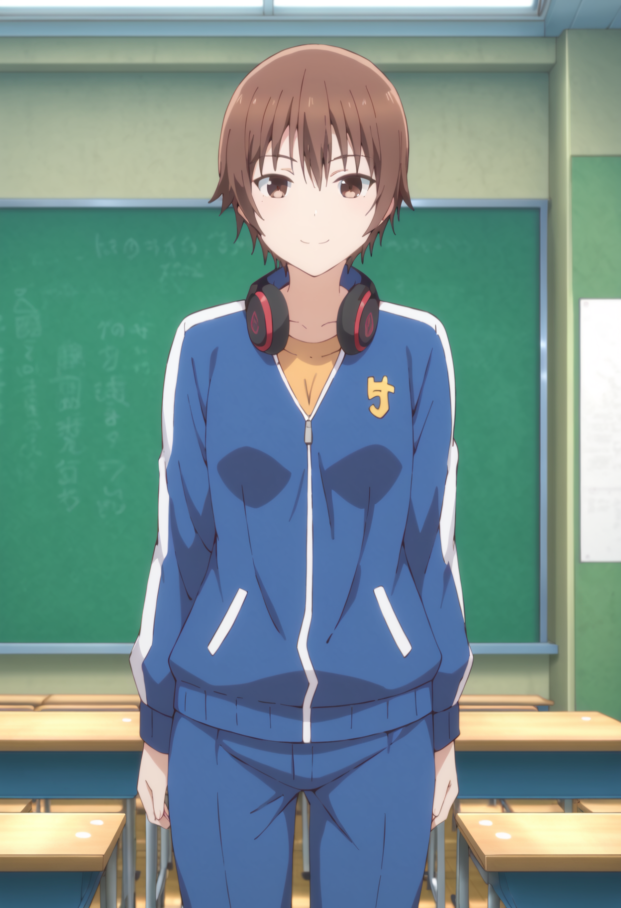 score_9, score_8_up, score_7_up, source_anime, 
BREAK,
 <lora:ninomae_kanade_ponyXL_v1:1> ninomae kanade, brown hair, short hair, brown eyes, 1girl, solo, headphones around neck, track jacket, pants, looking at viewer, classroom, standing, smile,
