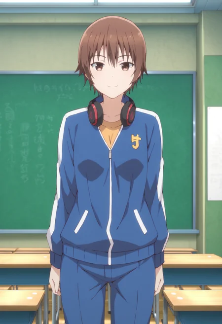 score_9, score_8_up, score_7_up, source_anime, 
BREAK,
 <lora:ninomae_kanade_ponyXL_v1:1> ninomae kanade, brown hair, short hair, brown eyes, 1girl, solo, headphones around neck, track jacket, pants, looking at viewer, classroom, standing, smile,