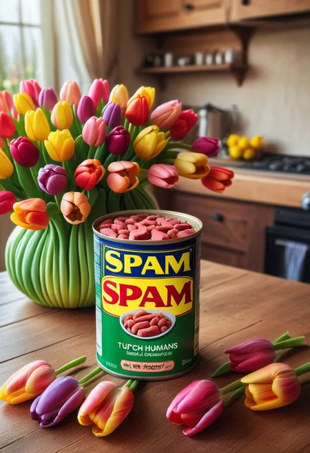 a photorealistic can of spam on a kitchen table, table made of tulips, tulips in background, tulips, object focus, no_humans , vivid colors, amazing quality, masterpiece, hd
