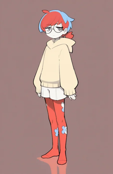 1girl, solo, <lora:TemmieChang:1> tmchng, standing, eyes averted, subdued frown, gentle posture, reflective sadness,
penny_(pokemon), pale skin, slim, multicolored hair,glasses, petite, yellow hooded cardigan, thumb hole sleeves, long sleeves, white hakama shorts, red pantyhose, no shoes, , extremely detailed, highres, masterpiece, best quality