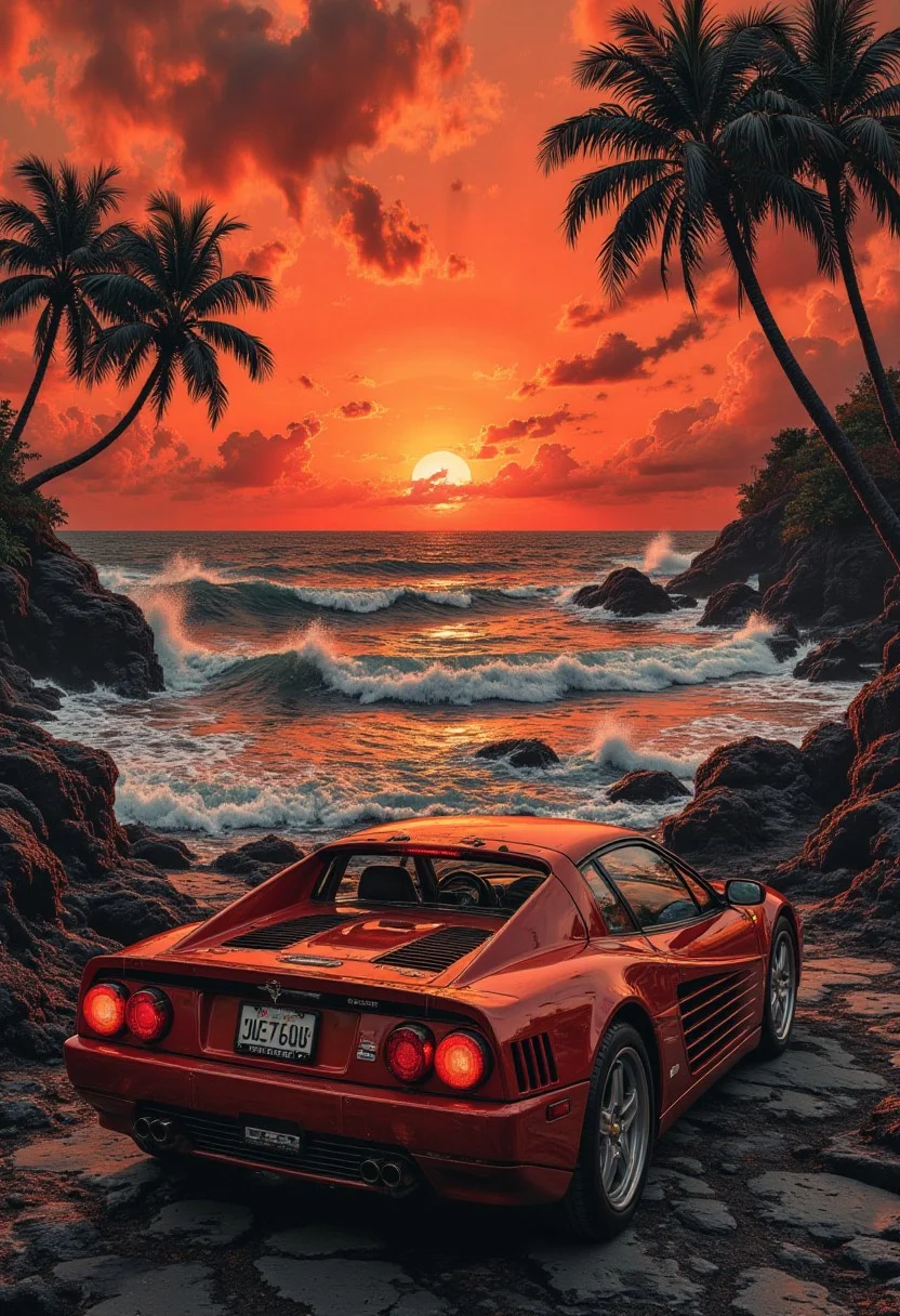 A graphic illustration, in black and white, of an ocean landscape with a bright orange sunset.streets,.photoshoot near the ocean at sunset near car Ferrari Testarossa 90
<lora:Dieselcore:0.7> d1eselc0re <lora:Glitchcore_Flux:0.4> gl1tchc0re