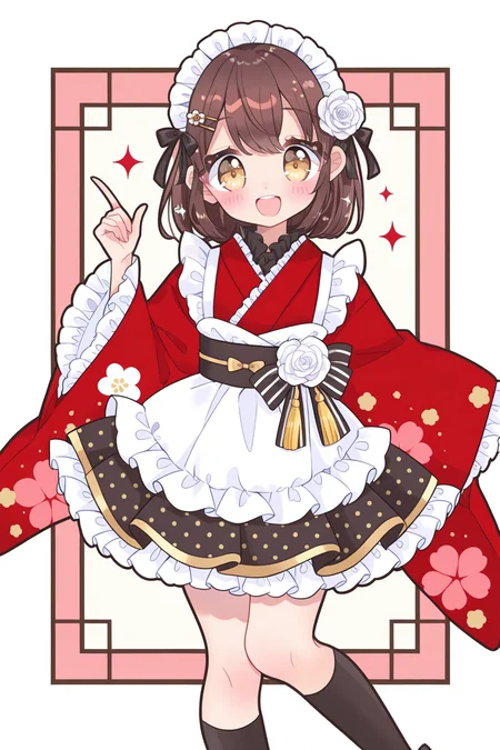<lora:Tasuki6918:1>, Tasuki6918, 1girl, red kimono, japanese clothes, kimono, solo, sash, hair ornament, frills, wide sleeves, obi, smile, open mouth, floral print, flower, hair flower, maid headdress, white flower, frilled kimono, looking at viewer, hairclip, index finger raised, white rose, bow, blush, long sleeves, frilled sleeves, :d, rose, sparkle, print kimono, standing, hair bow, black bow, socks, ribbon, standing on one leg, tassel, maid, wa maid, striped bow, indoors,