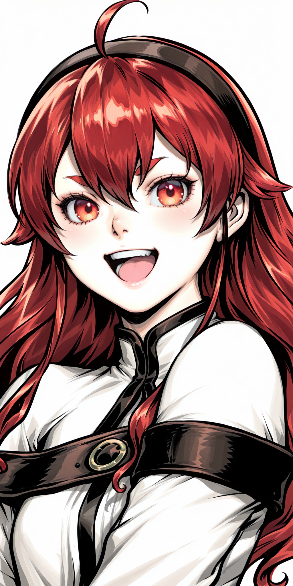 {{amazing quality, best quality, high quality, very aesthetic}}, 1girl, solo, looking at viewer, simple background, eris greyrat, red hair, red eyes, :D, excited
 <lora:Artgerm_Sketch_Illustrious:1>