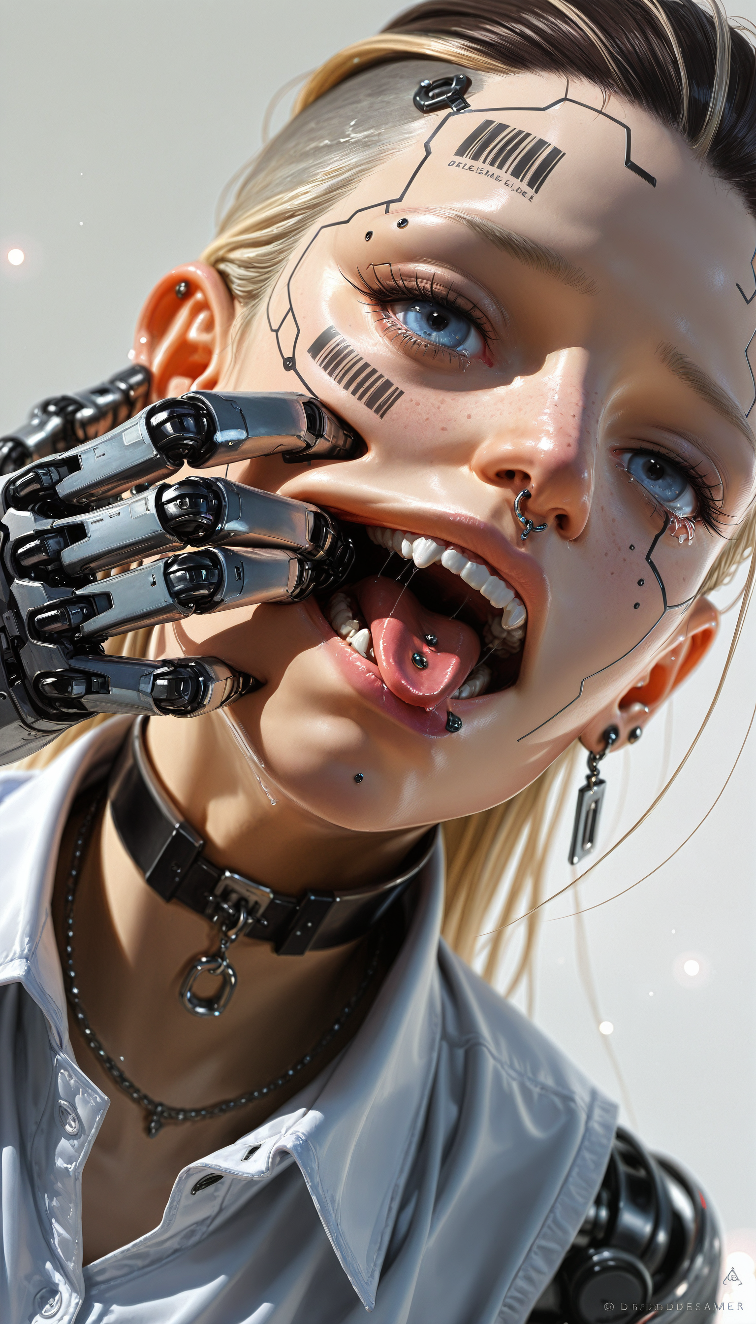 ((seductive, realistic, 3D, pinup, pinup_\(style\), science fiction, cyberpunk, portrait, cowboy_shot, blurry, bokeh, best quality, dutch angle, depth of field))
((Dre4mingDe4th, 1girl, solo, long_hair, looking_at_viewer, open_mouth, bangs, blue_eyes, blonde_hair, brown_hair, simple_background, black_hair, photoshop_(medium), shirt, white_background, original, jewelry, upper_body, white_shirt, earrings, parted_lips, tongue, teeth, tears, artist_name, signature, collared_shirt, tongue_out, necklace, grey_background, twitter_username, collar, blurry, lips, english_text, head_tilt, eyelashes, saliva, tattoo, depth_of_field, watermark, upper_teeth, ring, piercing, web_address, close-up, portrait, ear_piercing, forehead, freckles, science_fiction, realistic, nose, android, stud_earrings, facepaint, mechanical_arms, hair_behind_ear, body_writing, cyborg, facial_tattoo, hair_slicked_back, hair_pulled_back, single_mechanical_arm, ears, barcode, cyberpunk, mechanical_parts, nose_piercing, tongue_piercing, lip_piercing))