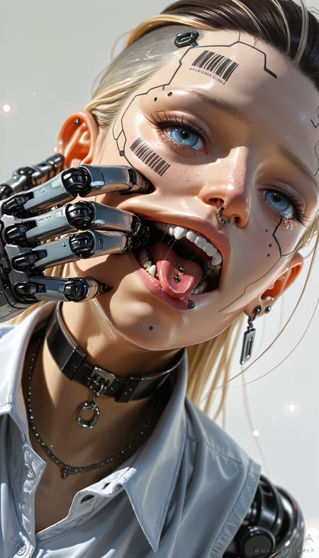 ((seductive, realistic, 3D, pinup, pinup_\(style\), science fiction, cyberpunk, portrait, cowboy_shot, blurry, bokeh, best quality, dutch angle, depth of field))
((Dre4mingDe4th, 1girl, solo, long_hair, looking_at_viewer, open_mouth, bangs, blue_eyes, blonde_hair, brown_hair, simple_background, black_hair, photoshop_(medium), shirt, white_background, original, jewelry, upper_body, white_shirt, earrings, parted_lips, tongue, teeth, tears, artist_name, signature, collared_shirt, tongue_out, necklace, grey_background, twitter_username, collar, blurry, lips, english_text, head_tilt, eyelashes, saliva, tattoo, depth_of_field, watermark, upper_teeth, ring, piercing, web_address, close-up, portrait, ear_piercing, forehead, freckles, science_fiction, realistic, nose, android, stud_earrings, facepaint, mechanical_arms, hair_behind_ear, body_writing, cyborg, facial_tattoo, hair_slicked_back, hair_pulled_back, single_mechanical_arm, ears, barcode, cyberpunk, mechanical_parts, nose_piercing, tongue_piercing, lip_piercing))