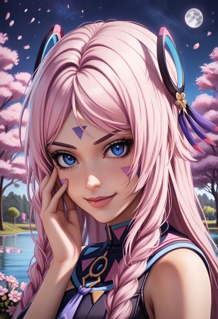 citlali
long hair,facial mark,blue eyes,twin braids,hair ornament
seduvice face, smirk smile
sit on chair, look at viewer, upper body can be seen, hand on face, wind blowing hair
 garden, trees, lake, pink flowers, wind, night, moon, softlight, stars
Detailed background, detailed, DNDFG, Detailed drawing, Fixhand