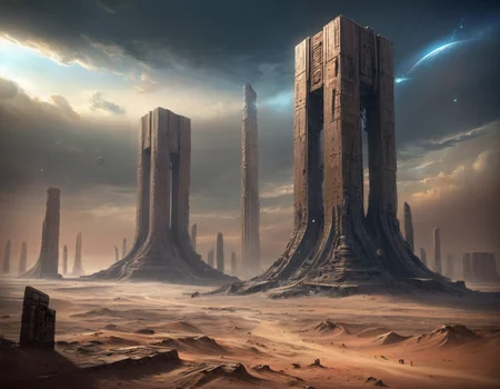 The remnants of colossal structures, forged by an ancient civilization now vanished into cosmic dust, stood as silent sentinels in the vast desert, whispering tales of a lost sci-fi utopia, b3ks1n