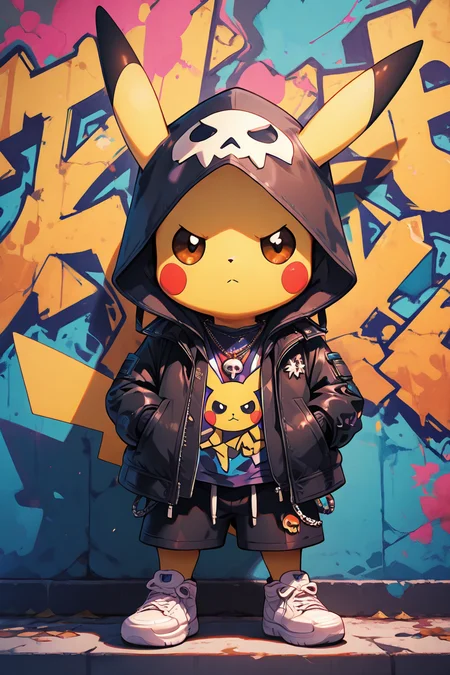 masterpiece, best quality, solo, looking at viewer, shirt, long sleeves, brown eyes, jewelry, closed mouth, standing, jacket, full body, open clothes, shoes, shorts, hood, necklace, open jacket, black jacket, cosplay, no humans, hoodie, frown, black shorts, white footwear, sneakers, hooded jacket, :<, hood up, hands in pockets, graffiti, character print, pikachu, looking at viewer, brown eyes, closed mouth, tail, full body, open clothes, black jacket, no humans, black shorts, white footwear, hood up, hands in pockets, character print ,<lora:PunkPokemonIXL:1.0>,