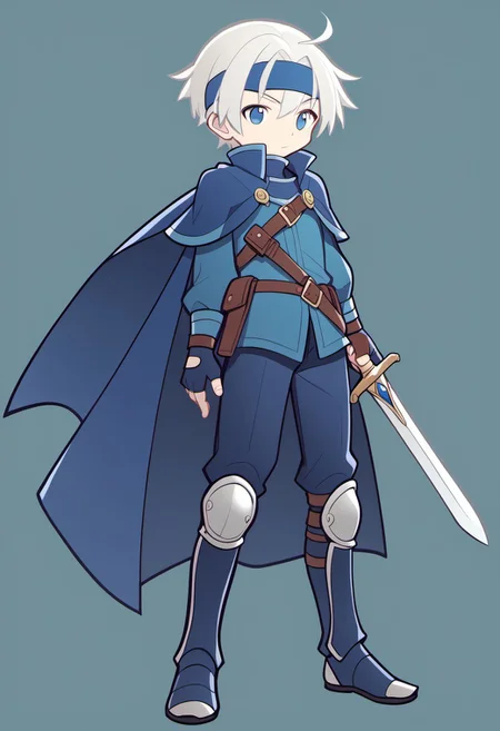 score_9, score_8_up, score_7_up, source_cartoon, source_anime BREAK 1boy, solo, schezo, light blue white hair, short hair, blue eyes, blue headband, blue cape, blue long pants, knee armor, fingerless gloves, blue jacket, standing, holding weapon, sword, simple background