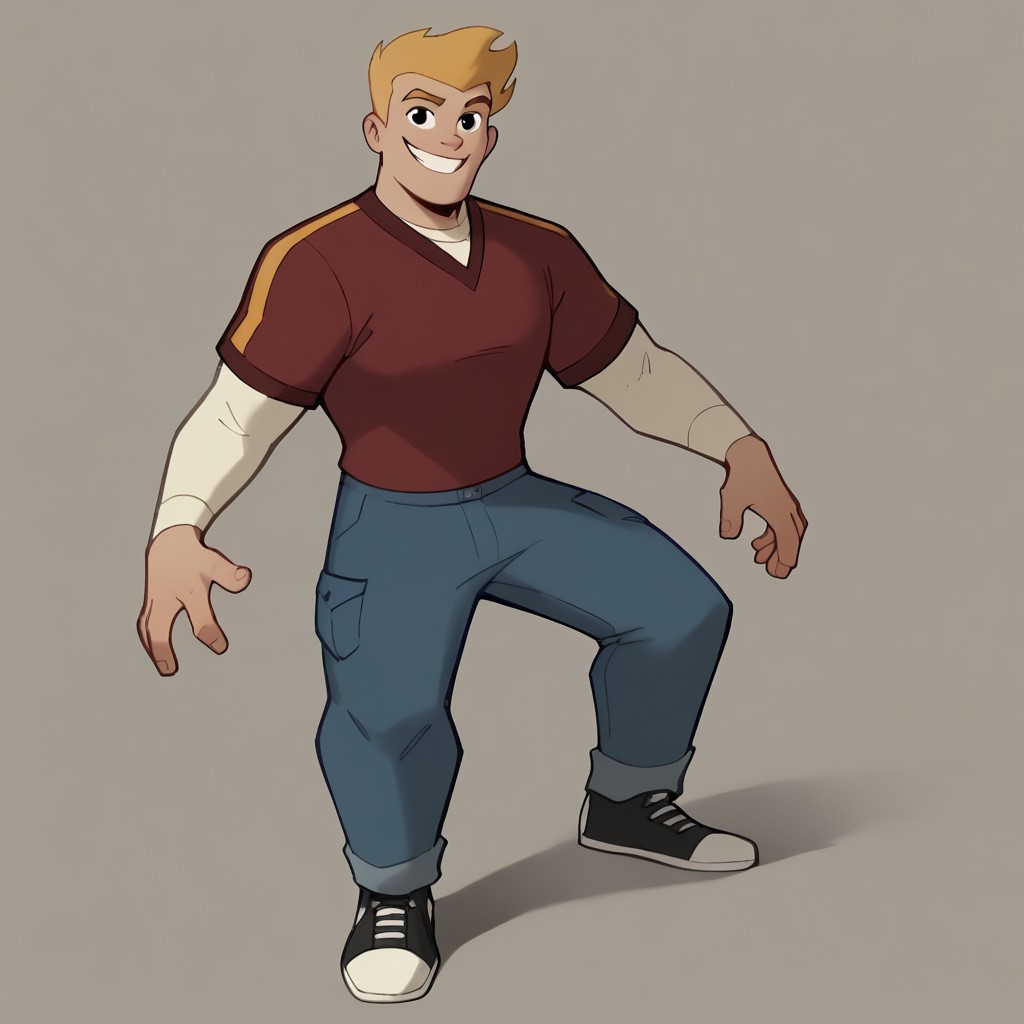 score_9, score_8_up, score_7_up BREAK bradjl2, 1boy, blonde hair, black eyes, shortsleeved red shirt with orange side strips, longsleeved light yellow undershirt, pants, shoes, full body, smiling at viewer,