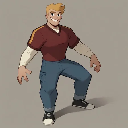 score_9, score_8_up, score_7_up BREAK bradjl2, 1boy, blonde hair, black eyes, shortsleeved red shirt with orange side strips, longsleeved light yellow undershirt, pants, shoes, full body, smiling at viewer,