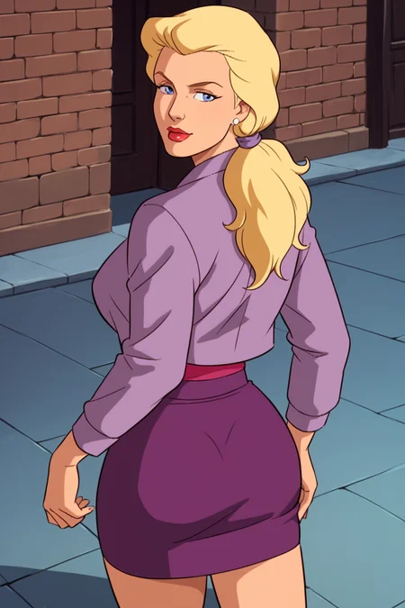 PonyXLV6_Scores BREAK ((parody, retro artstyle), perfect anatomy, perfect eyes, cowboy shot) <lora:add_details_xl:0.8> BREAK <lora:Betty_Ross:0.8> betty ross, blonde hair, ponytail, blue eyes, lipstick, red lips, half-closed eyes, flirting, raised eyebrow, ((looking back at viewer)), jewelry, earrings, shirt, jacket, skirt, large breasts, curvy, toned, athletic, seductive pose, walking on sidewalk, outdoors
