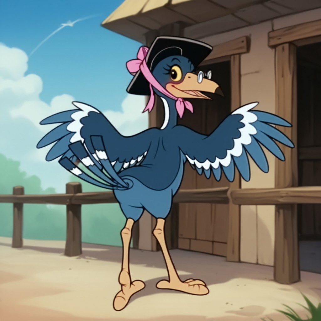 score_9, score_8_up, score_7_up, score_6_up, score_5_up, score_4_up, source_furry, Magpiebbv2, semi-anthro, female, bird, blue feathers, yellow beak, hat, glasses, black eyes, yellow sclera, standing, from behind, tailed tail, looking back, wink, blush, outside