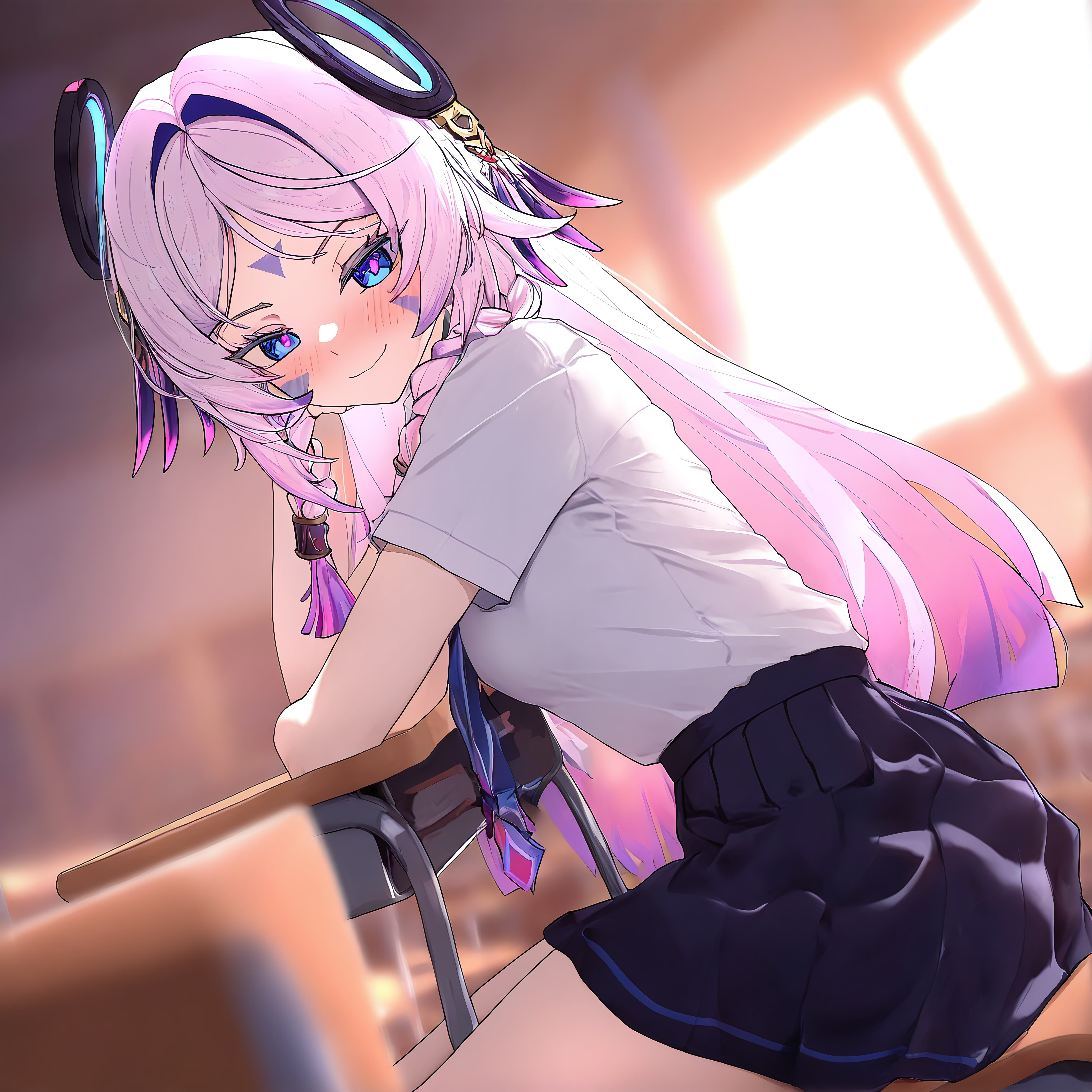 1girl, solo, citlali, schoolgirl uniform, dynamic angle, black skirt, white shirt, sitting, on chair, leaning on desc, blue eyes, chocker, smile, smirk, blush, desc, classroom, medium breasts, pink pupils, looking avay, indoors, desk, masterpiece, best quality, absurdres, highres,
