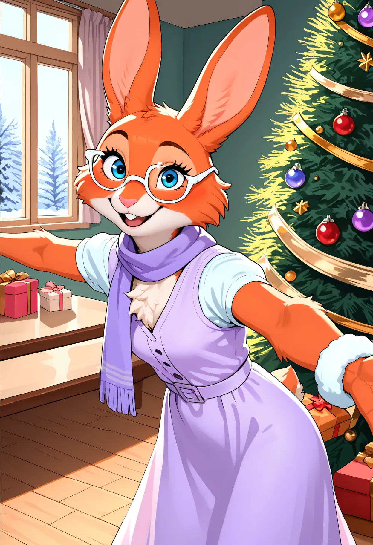 masterpiece, best quality, newest, absurdres, highres, safe, beautiful lighting, detailed, realistic, BREAK,
solo, 1girl, female, on model, flat color, orange fur, white glasses, happy, playful, pink nose, open smile, excited, looking at viewer, holding present, arms out, hands out, cowboy shot, walking, lavender neckscarf, lavender dressc, pink chemisec, leaning forward, ears up, chest tuft, indoors, christmas_tree, wooden floor, window, table, ears, bunny, glasses,
, <lora:Marian_v10Noob3-9s96:0.8>    <lora:noobai_ep11_stabilizer_v0.138_fp16:0.8>
