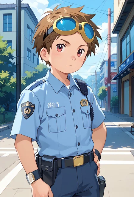 score_9, score_8_up, score_7_up, zPDXL2,
,
1boy, solo, goggles on head, brown hair, male Japanese Summer Police Uniform,light-blue collared shirt, rank slides,hip holster