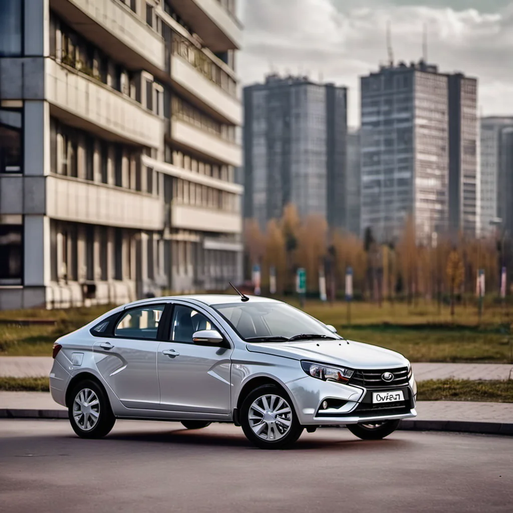 a photo of lada_vesta in city, buildings on background, cinematic shot <lora:lada_vesta:1>