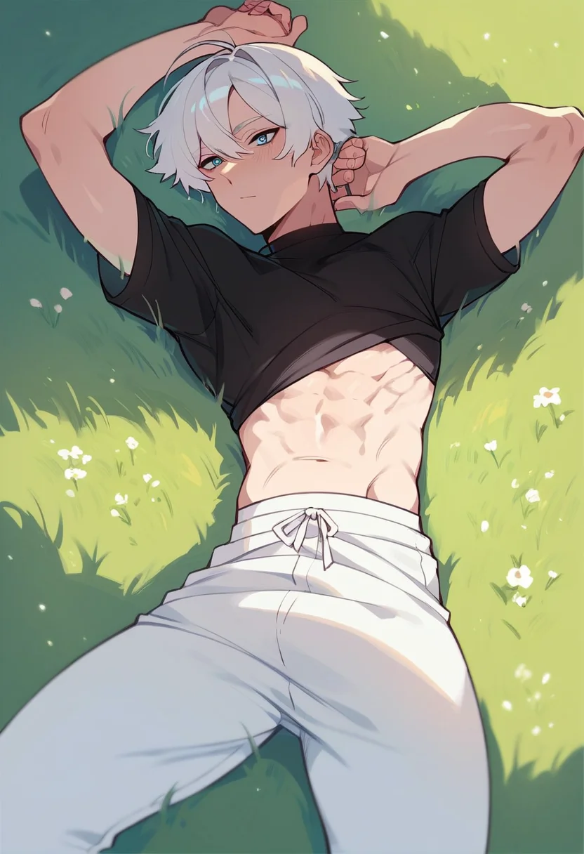 score_9, score_8_up, score_7_up, score_6_up, score_5_up, score_4_up, man laying down in grass field, white hair, short hair, light blue eyes, tight black short sleeve tshirt, baggy white pants, skinny <lora:MatemiLycoXL:0.9>