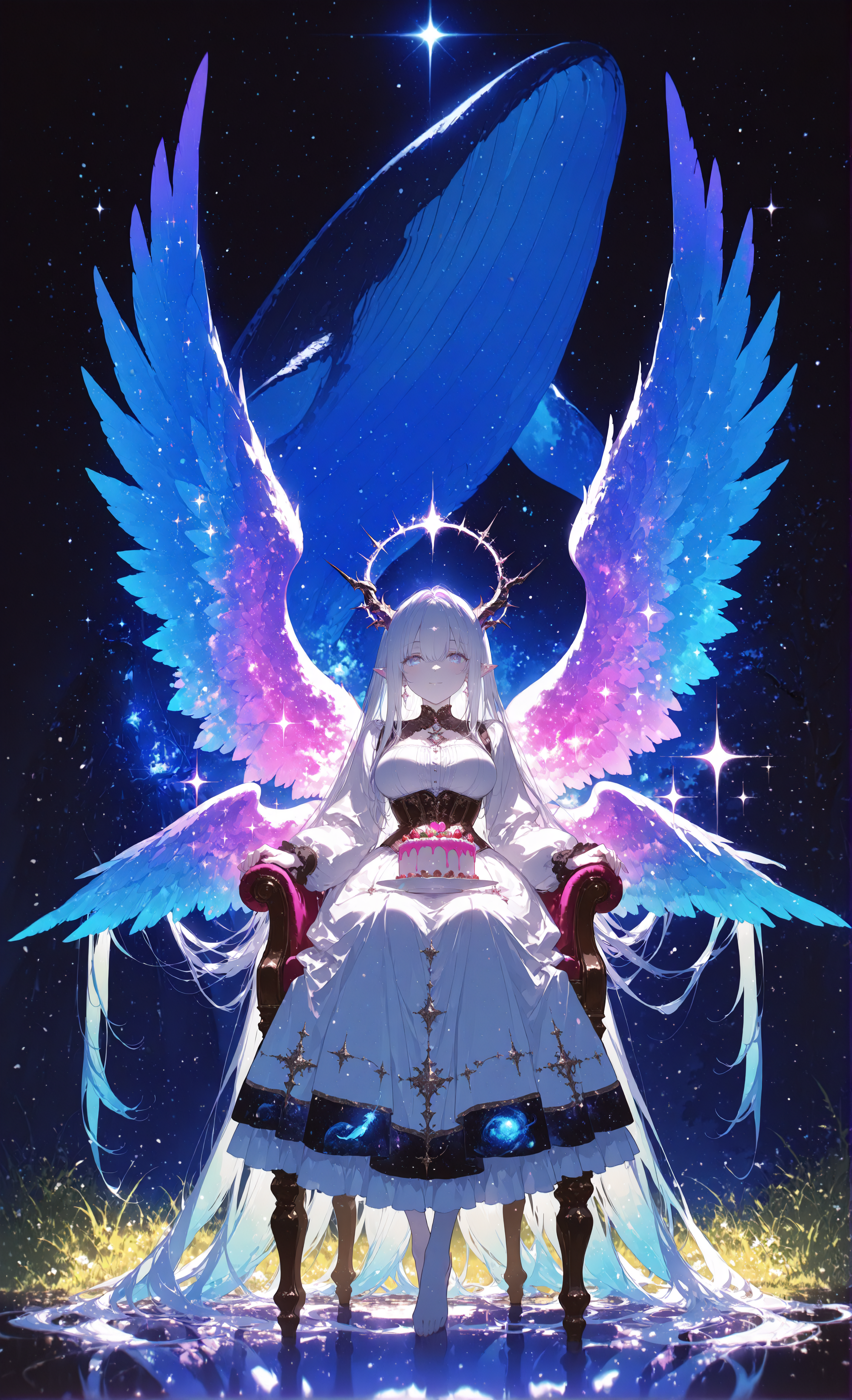 masterpiece, sharp detail, intricate detail, 1girl ,(rella, konya karasue), floating hair, pale skin, (multiple wings), pointy ears, halo, multiple horns, long hair, , white hair, absurdly long hair, monster girl, large breasts, huge wings,  feathered wings, (holographic colors, light painting wings, glowing feather), facing viewer,  looking at viewer, full body, multicolored hair, colored inner hair, inner nebula print wings, (neon palette), sitting on chair, table, plate, cake, corset, Victorian dress, barefoot, soft smile, blue sky, gradient sky, single tree, green grass, BREAK light and shadow contrast, chiaroscuro, volumetric lighting, dappled light, dramatic shadows, cinematic lighting, detailed background, BREAK (whale in space), cosmic whale, space creature, glowing whale, neon lines on whale, <lora:aboba_prime_3:0.7>, <lora:Bright_style:0.7> Bright_illu, sparkle,