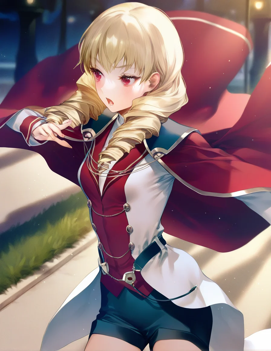 artist:gomzi,artist:wanke,artist:diyokama, rei_(sanbonzakura),[[artist:fuzichoco]],year 2023, 
1girl, solo, erika wagner miyashiro, blonde hair, red eyes, twin drills, uniform, red cape, black shorts, belt, black thighhighs, 
night, cowboy shot, park,
<lora:uni_femaleplayables.ilxl:1>
