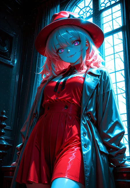 iro_mugen_illu, (masterpiece), best quality, amazing quality, very aesthetic, absurdres, newest, cowboy shot, ((monochrome)), spot color, solo, off-center, femme fatale woman, CivChan, purple eyes, pink hair, crooked sultry smile, looking down at viewer, bright red lips, red dress, tilted gray fedora, long gray trench coat, artistic film noir style background, interior, backlighting, accentuating the dramatic shadows, evocative and mysterious, background of long window curtains, volumetric lighting, cinematic lighting, dark Smooth Quality