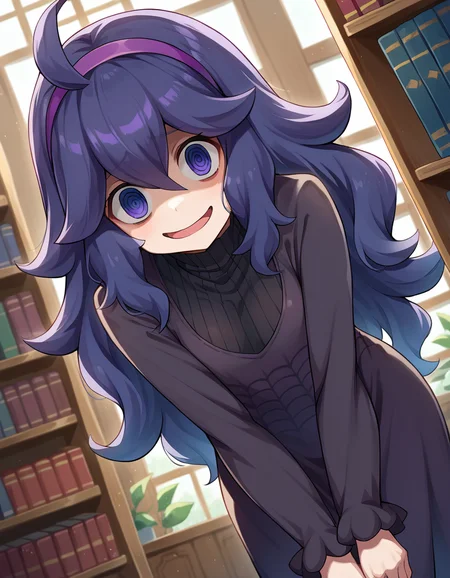 score_9, score_8_up, score_7_up, source_anime,
hexmaniac, <lora:hex-maniac-ponyxl-lora-nochekaiser:1>
hex maniac, hairband, messy hair, purple eyes, purple hair, purple hairband, @ @,
black dress, dress, long dress, long sleeves, juliet sleeves,
indoors, library, bent over,
looking at viewer, cowboy shot, dutch angle,
