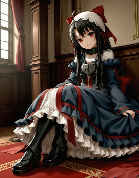 1girl,
very awa, red eyes, black hair, long hair, very long hair, ahoge, daliandress, padlock, collar, metal collar, chain, black dress, headdress, long sleeves, hair bow, large bow, red bow, armored boots, frills, indoors, sitting, dynamic angle, head tilt, solo, boots, detached sleeves, goth fashion, bow, black footwear, closed mouth, dress, wide sleeves, light smile, full body, lock, looking at viewer,
masterpiece, best quality, newest, highres, absurdres, general
<lora:NoobV065sHyperDmd:1> <lora:NovelDalian_IXL:1>