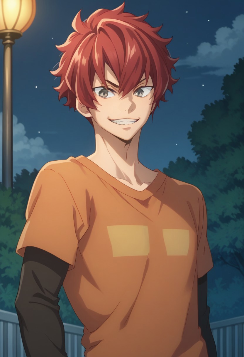 score_9, score_8_up, score_7_up, source_anime, highly detailed, 
kensei, 1boy, male focus, night, red hair, solo, grey eyes, shirt, t-shirt, short over long sleeves, orange shirt,
red shirt, black shirt, smile, teeth, excited
outdoor, sky, cloud, tree