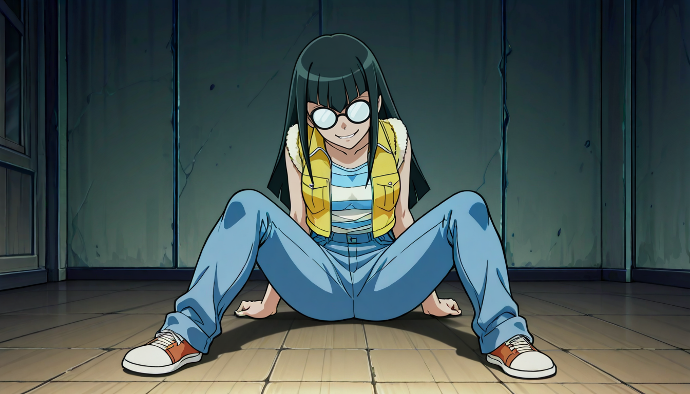masterpiece, best quality, newest, absurdres, highres, anime, anime style, full body, sitting,   1girl, yug_carlynag, looking at viewer, full body, yellow sleeveless jacket, striped shirt, black hair, pants,   glasses, long hair, opaque glasses, evil smile,   <lora:yug_carlynag-02:1>