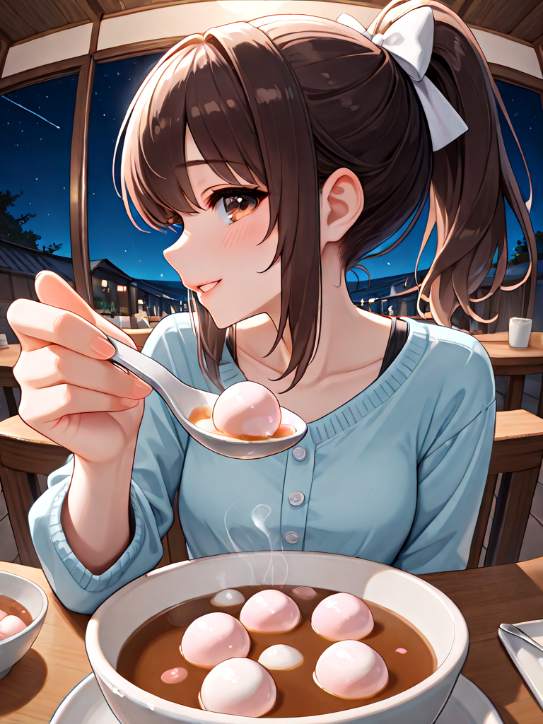 absurdres, explicit, tangyuan feeding, incoming food, blurry foreground, fisheye, pov, 1girl, shy, smile, holding spoon, hand up, sitting, soup, table, steam, steaming food, close-up, foreshortening, reaching towards viewer, ponytail, brown hair, hair bow, parted lips, milf, night, evening, (((profile, from side))), <lora:girlliketangyuanfeeding_ilxl:0.8>
