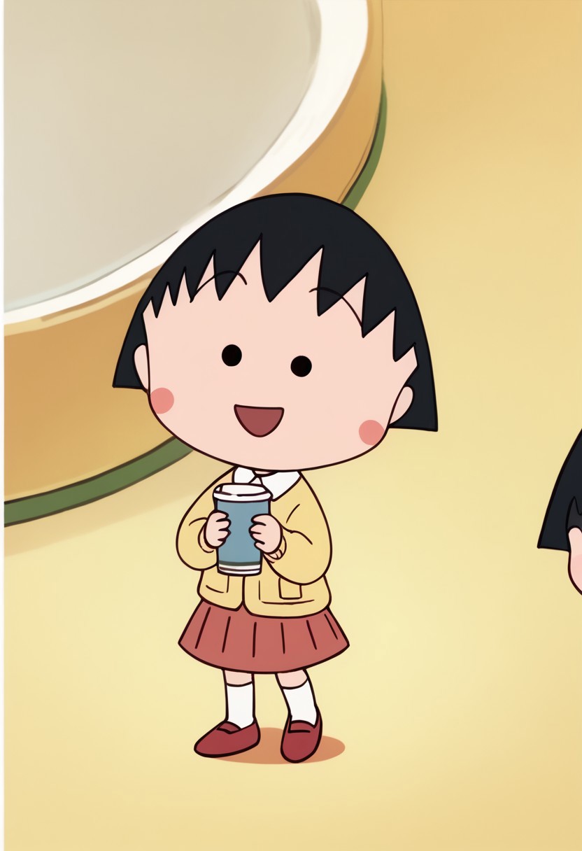 score_9, score_8_up, score_7_up BREAK ChibiMaruko, 1girl, black bobcut, black dot eyes, pink circle blush, happy, solo, solo focus, open yellow cardigan with orange pockets, long-sleeved white shirt, red pleated skirt. white socks, flat red shoes, full body,