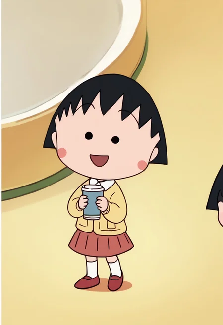 score_9, score_8_up, score_7_up BREAK ChibiMaruko, 1girl, black bobcut, black dot eyes, pink circle blush, happy, solo, solo focus, open yellow cardigan with orange pockets, long-sleeved white shirt, red pleated skirt. white socks, flat red shoes, full body,
