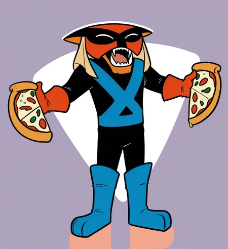 high resolution, best quality, 4k, solo, male, happy, eyes closed, open mouth, spread arms, (holding pizza in both hands), simple background, <lora:Brak_-_Space_Ghost_IL:0.95> br4k, alien, orange mask, fangs, tusks, orange fur, orange gloves, bodysuit, blue boots