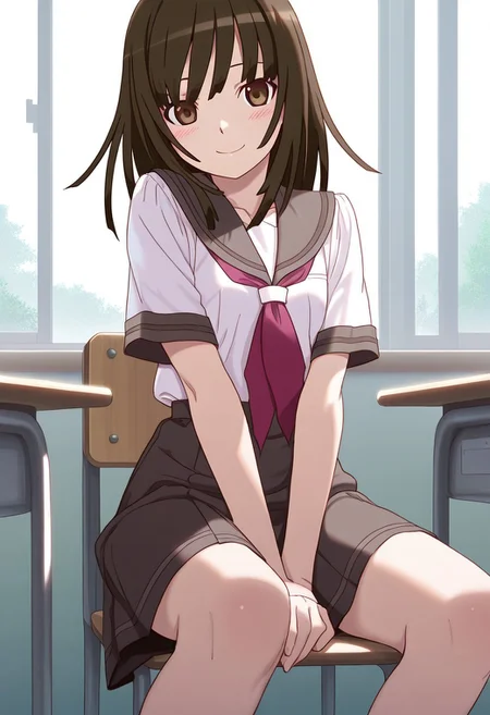 <lora:illustrious_XL_nadeko:0.9>,nadeko,masterpiece,best quality,good quality,1girl,solo,long hair,long bangs,school_uniform,sailor,day,indoor,classroom,v_arms,sitting_on_chair,smile,light_blush,