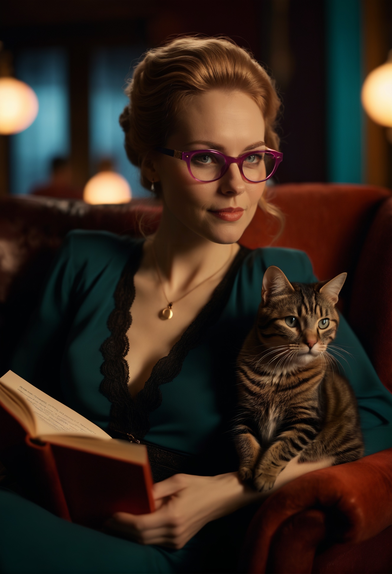 cinematic film still of (TimBurtonCinema, gloomy atmosphere), Expressionism aesthetic, a tenderhearted Finnish woman with brightly colored glasses and a contagious laugh leans back in a plush armchair, a book in her lap and a cat curled up on her chest, vivid colors, stunning background. dark and moody, a mesmerizing blend of light and shadow. masterpiece, absurdres, intricate details <lora:TimBurtonCinemaXL_1.0:0.8>, shallow depth of field, vignette, highly detailed, high budget, bokeh, cinemascope, moody, epic, gorgeous, film grain, grainy
