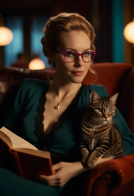 cinematic film still of (TimBurtonCinema, gloomy atmosphere), Expressionism aesthetic, a tenderhearted Finnish woman with brightly colored glasses and a contagious laugh leans back in a plush armchair, a book in her lap and a cat curled up on her chest, vivid colors, stunning background. dark and moody, a mesmerizing blend of light and shadow. masterpiece, absurdres, intricate details <lora:TimBurtonCinemaXL_1.0:0.8>, shallow depth of field, vignette, highly detailed, high budget, bokeh, cinemascope, moody, epic, gorgeous, film grain, grainy