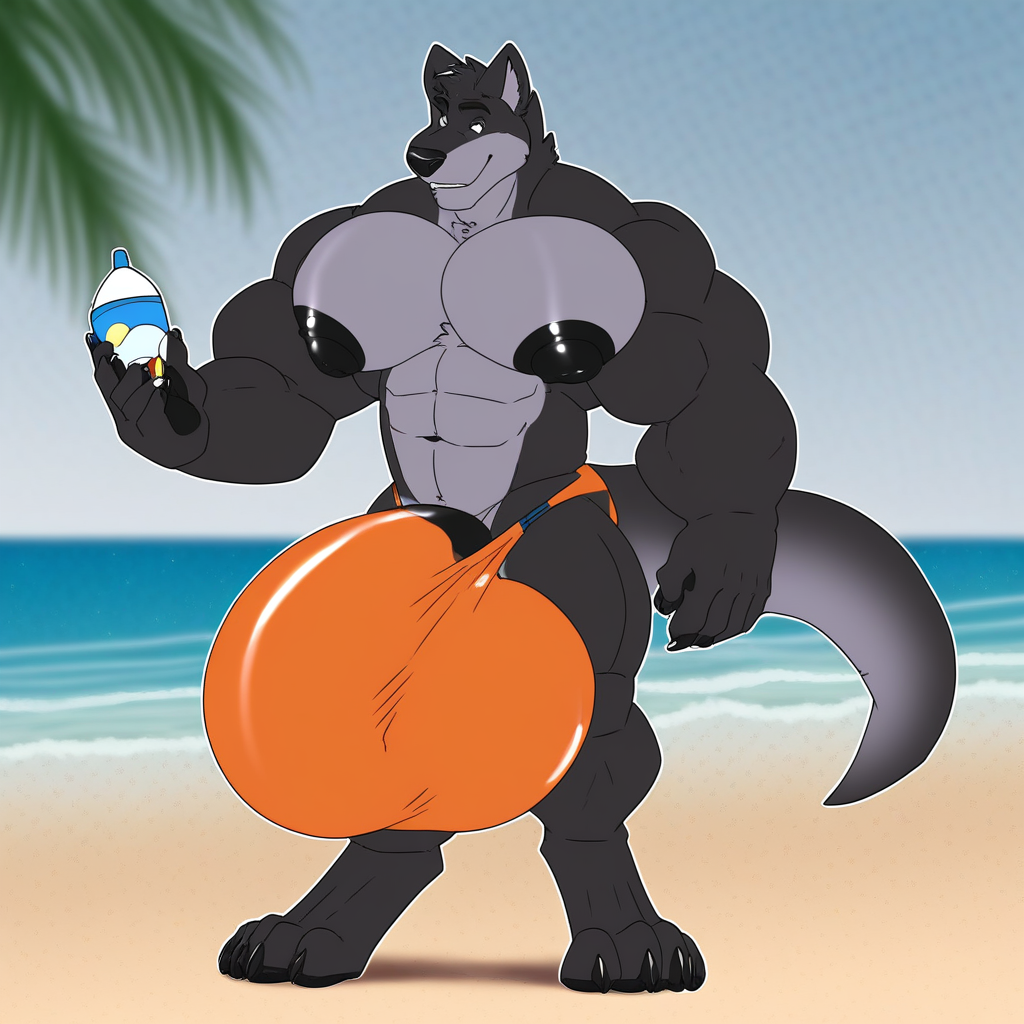 Muscular male, furry, male swimwear, solo, sexually explicit swimwear, standing, outside, beach, hyper bulge