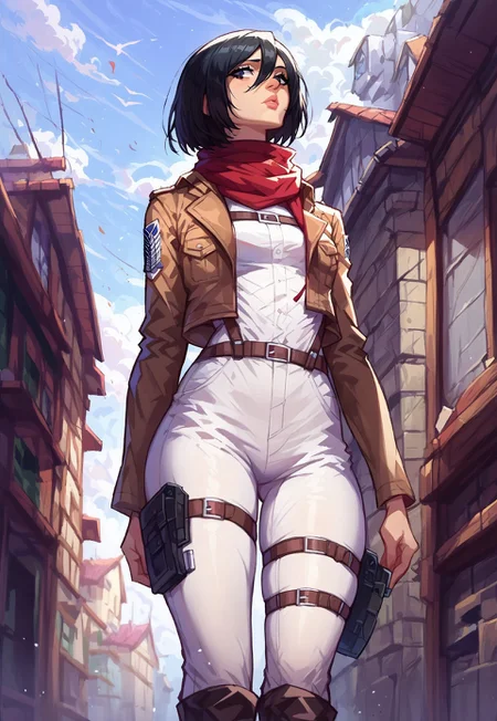 score_9, score_8_up, score_7_up, outdoors, depth of field, sinozick style, t4s14, 1ly4, 1girl, mikasa ackerman, black eyes, black hair, short hair, white shirt, thigh strap, open cropped brown jacket, red scarf, white pants, survey corps \(emblem\), boots, standing, thigh gap, full body, hip dips, wide hips, posing