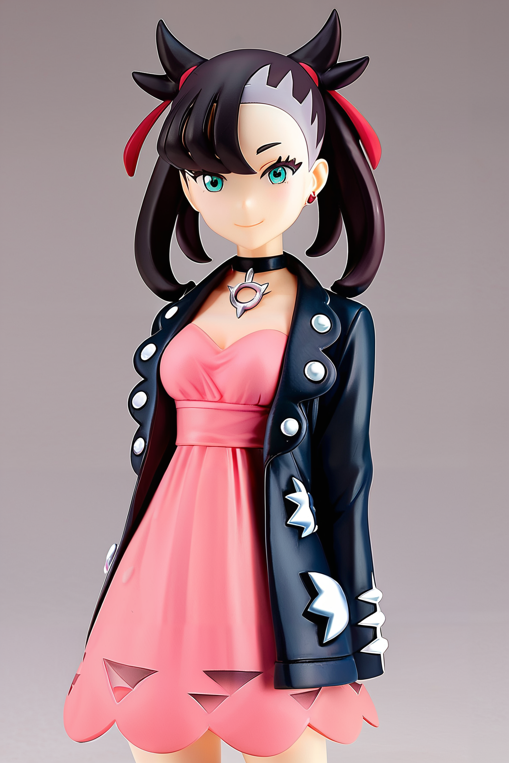 score_9, score_8_up, score_8, medium breasts, cute, eyelashes,    figure,  marnie \(pokemon\), aqua eyes, black choker, red ribbon, pink dress, jewelry, black jacket, open clothes, long sleeves, solo, smiling, looking at viewer, cowboy shot, ,  <lora:Anime_Figure_P1:1>,