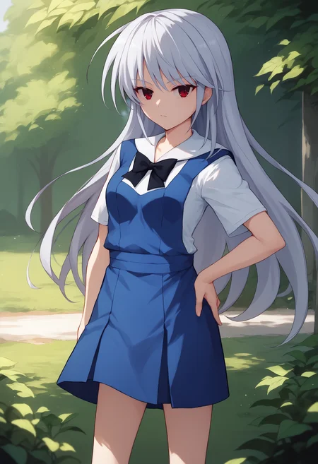 score_9, score_7_up, 1girl, solo, kzk, silver hair, long hair, red eyes, shirt, white sailor collar, blue pinafore dress, black bowtie, outdoors, hand on hip, looking at viewer, <lora:Kazuki FF 5-000008:1>