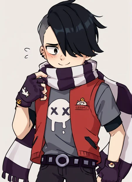 score_9, score_8_up, score_7_up, <lora:bsedgar:1> ear bsedgar , 1boy , short hair , black hair, hair over one eye,piercing, solo,striped scarf ,red vest , grey shirt, short sleeves, belt , black pants ,black gloves, fingerless gloves, blush, nervous smile, <lora:Yagi_the_Goat_Style:1>by s1120411