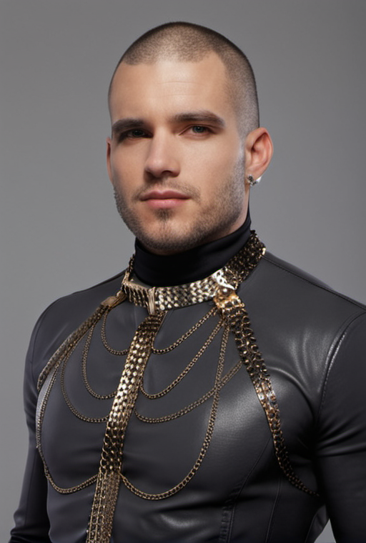 <lora:ChainHalterXL:0.8> chainhalter,  portrait of   a  man, bsdm outfit